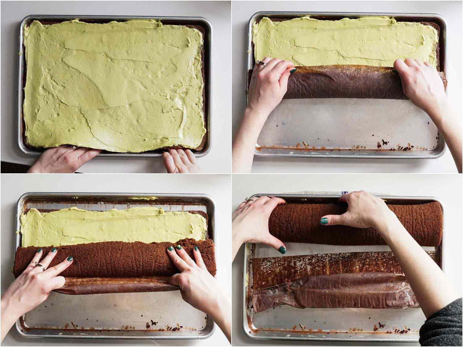 拼贴画把蛋糕从烤盘滚成圆木。gydF4y2Ba