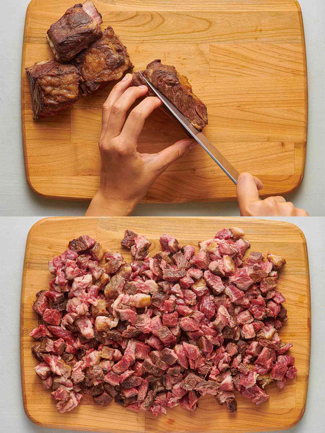 一个双图像拼贴。上面的图片显示了从牛肉短肋骨上切下来的肉。下面的图片显示了一个砧板，上面覆盖着小块切碎的牛肉短肋肉。gydF4y2Ba