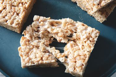 Overhead view of a torn apart rice krispie treat