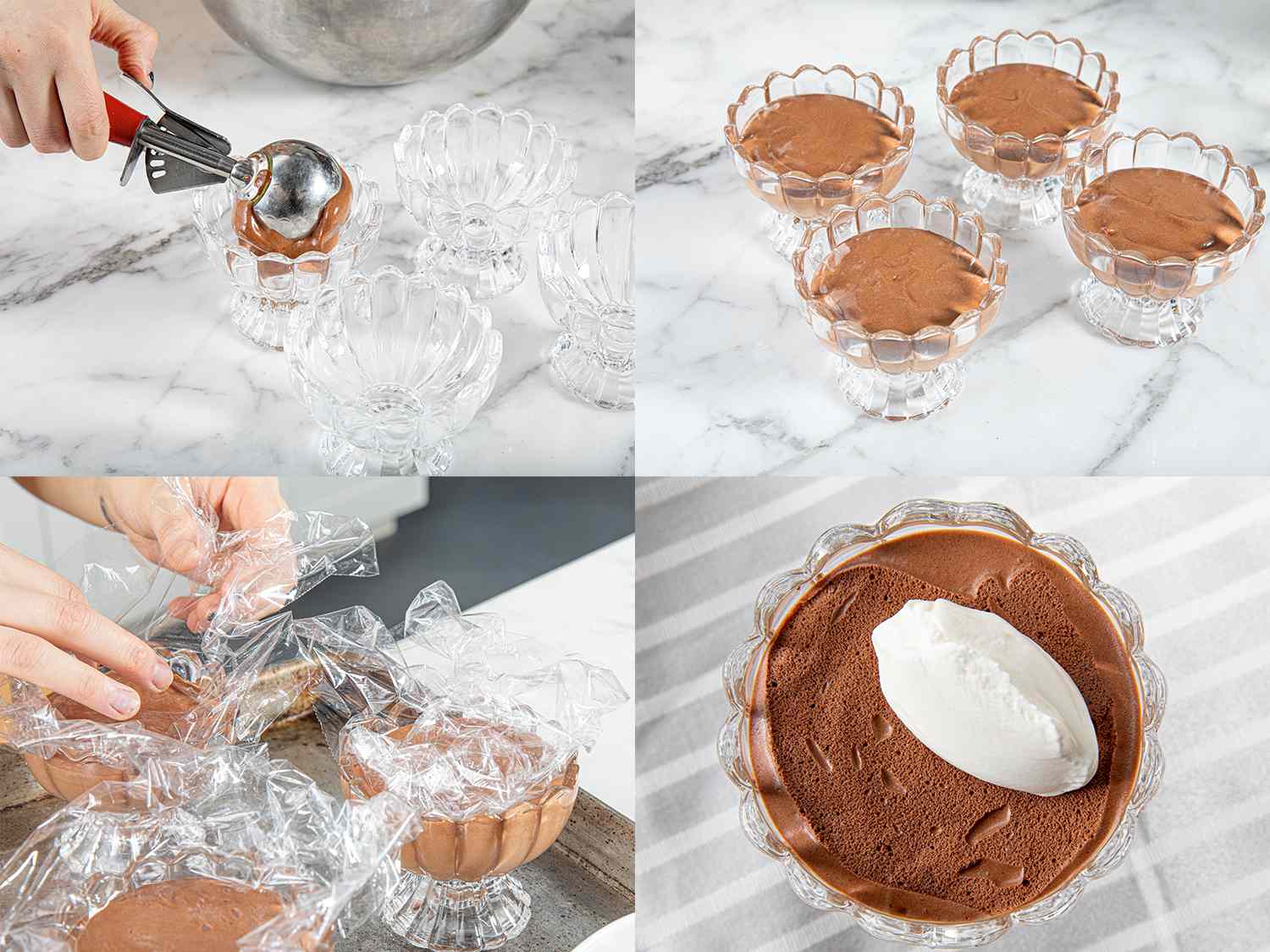 Four image collage of scooping mousse into ramekins, four ramekins ready to be refrigerated and then covered in plastic, and finished chocolate mouse topped with whipped cream