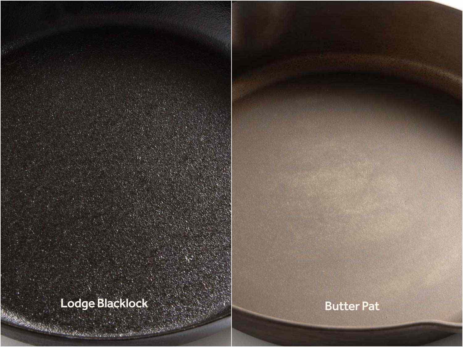 对比两种铸铁煎锅的表面，可以看出表面质地的差异(洛奇锅更粗糙，黄油派锅更光滑)以及调味程度的差异(洛奇锅的黑色更深，说明调味更多，而黄油派锅的棕色更浓，说明调味更少)。