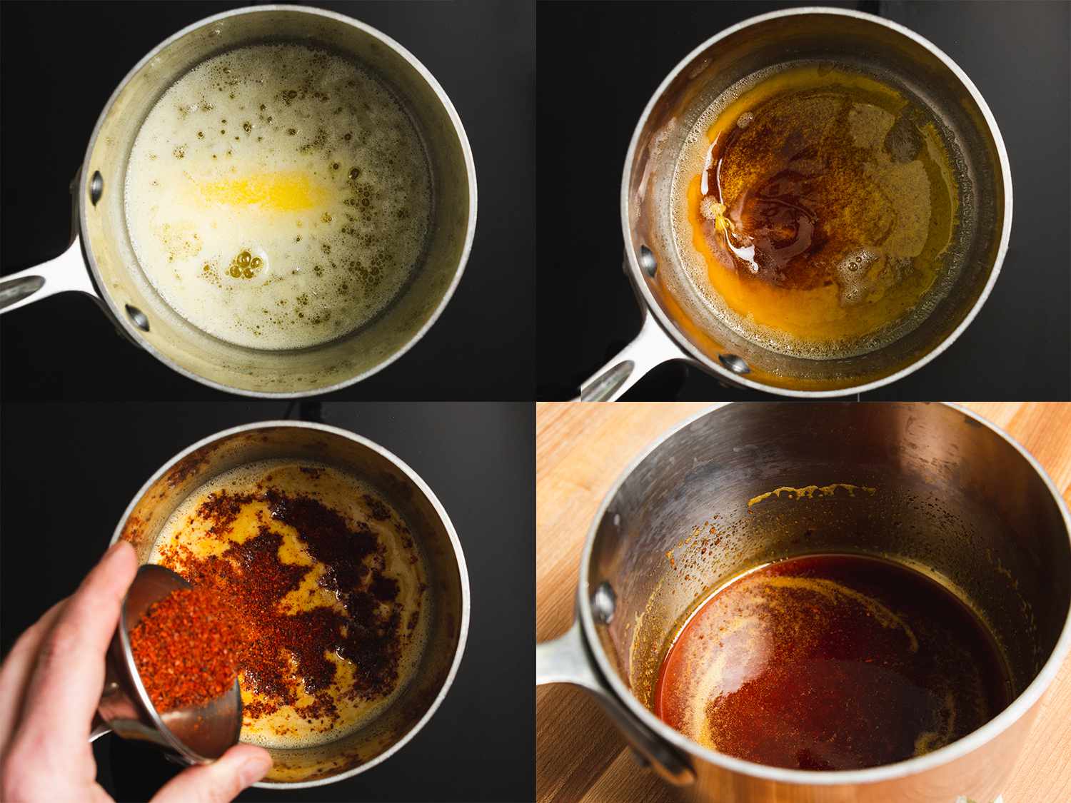 4图像拼贴:黄油在平底锅加热,黄油酱锅被晒黑,阿勒颇胡椒被添加到黄油,阿勒颇胡椒粉充分涂上黄油