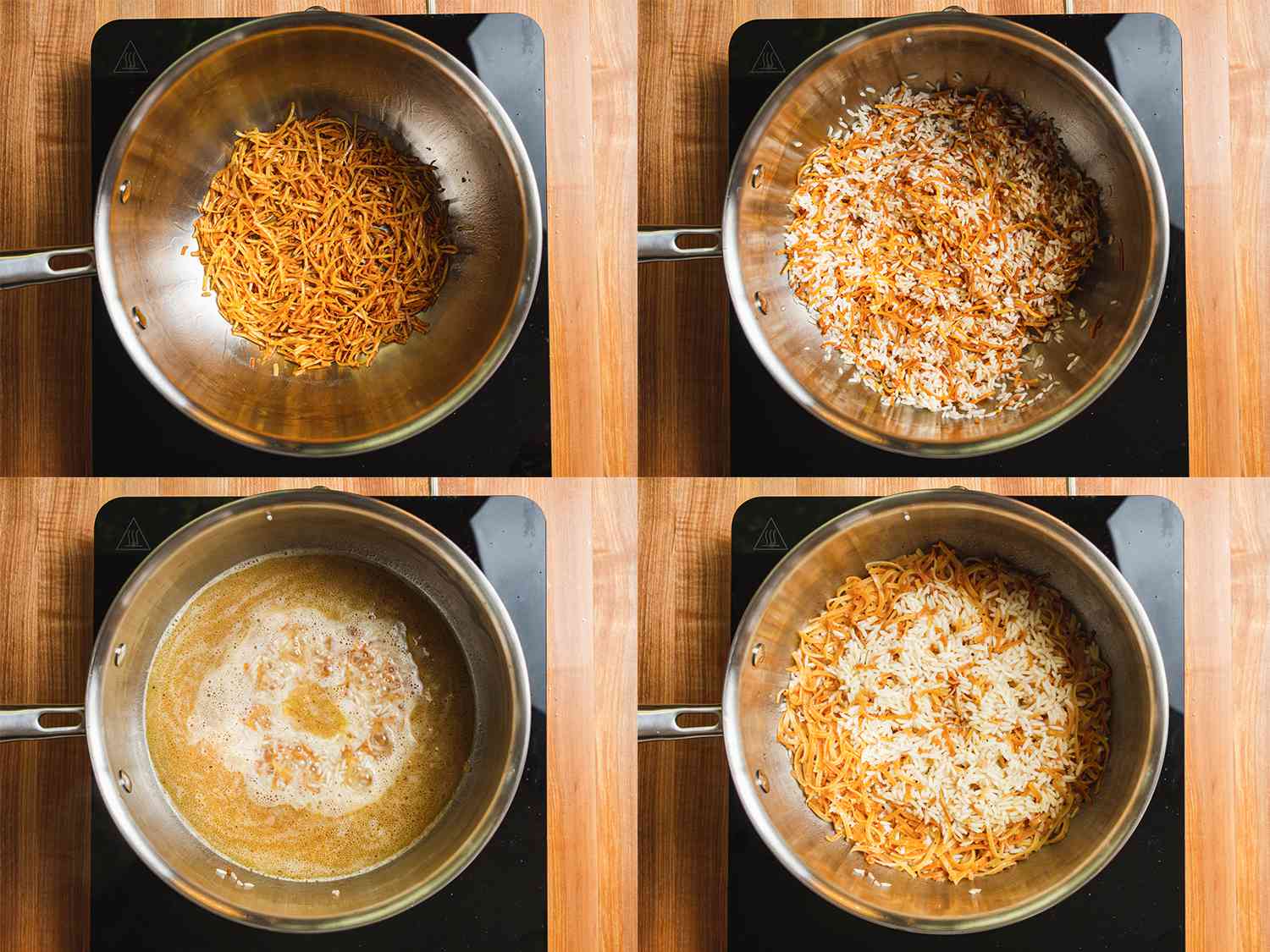 四幅图像拼贴。从左上起顺时针方向:平底锅里烤好的意大利面;米饭加入锅中;锅中加入肉汤;吸收水分的米饭和意大利面。