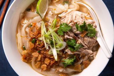 Bowl of khao piak sen (Lao chicken noodle soup)