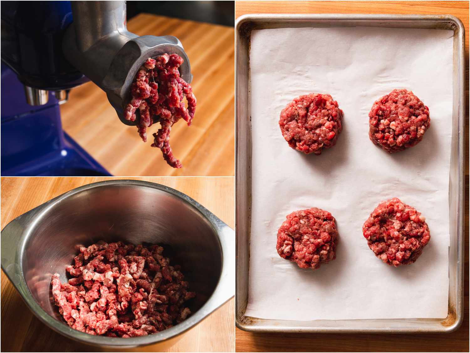 拼贴画:磨牛肉;搅拌碗里的碎牛肉;做成肉饼的牛肉gydF4y2Ba