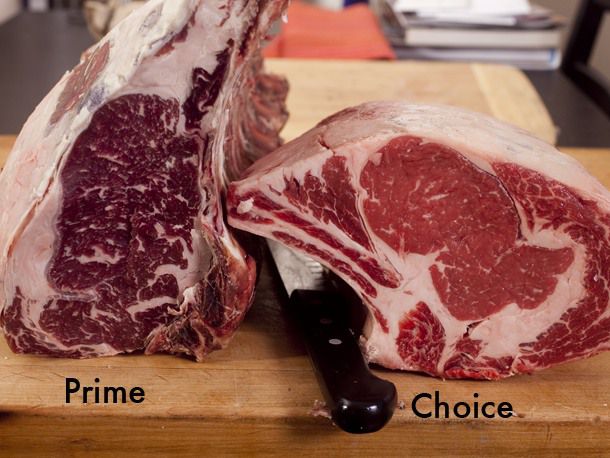 两个上等牛排并排烤:左边是上等牛排，右边是上等牛排。这张图片比较了两种烤肉中大理石花纹的数量，显示prime比choice含有更多的肌内脂肪。