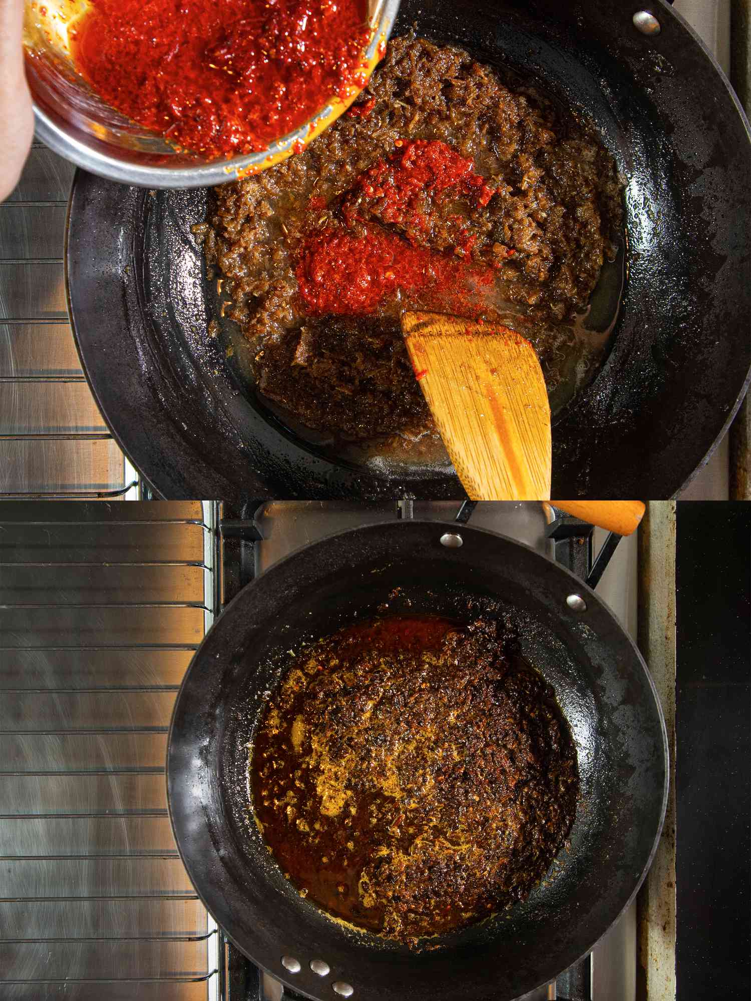 Two image collage of chile added to wok and after cooking