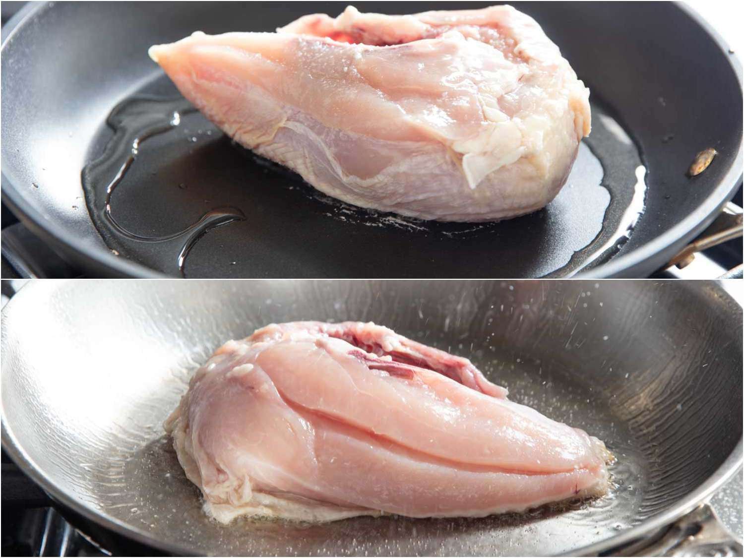 这张并列图显示了鸡肉如何更好地附着在不锈钢煎锅上，而不是不粘锅上，从而使鸡肉更完全地变色
