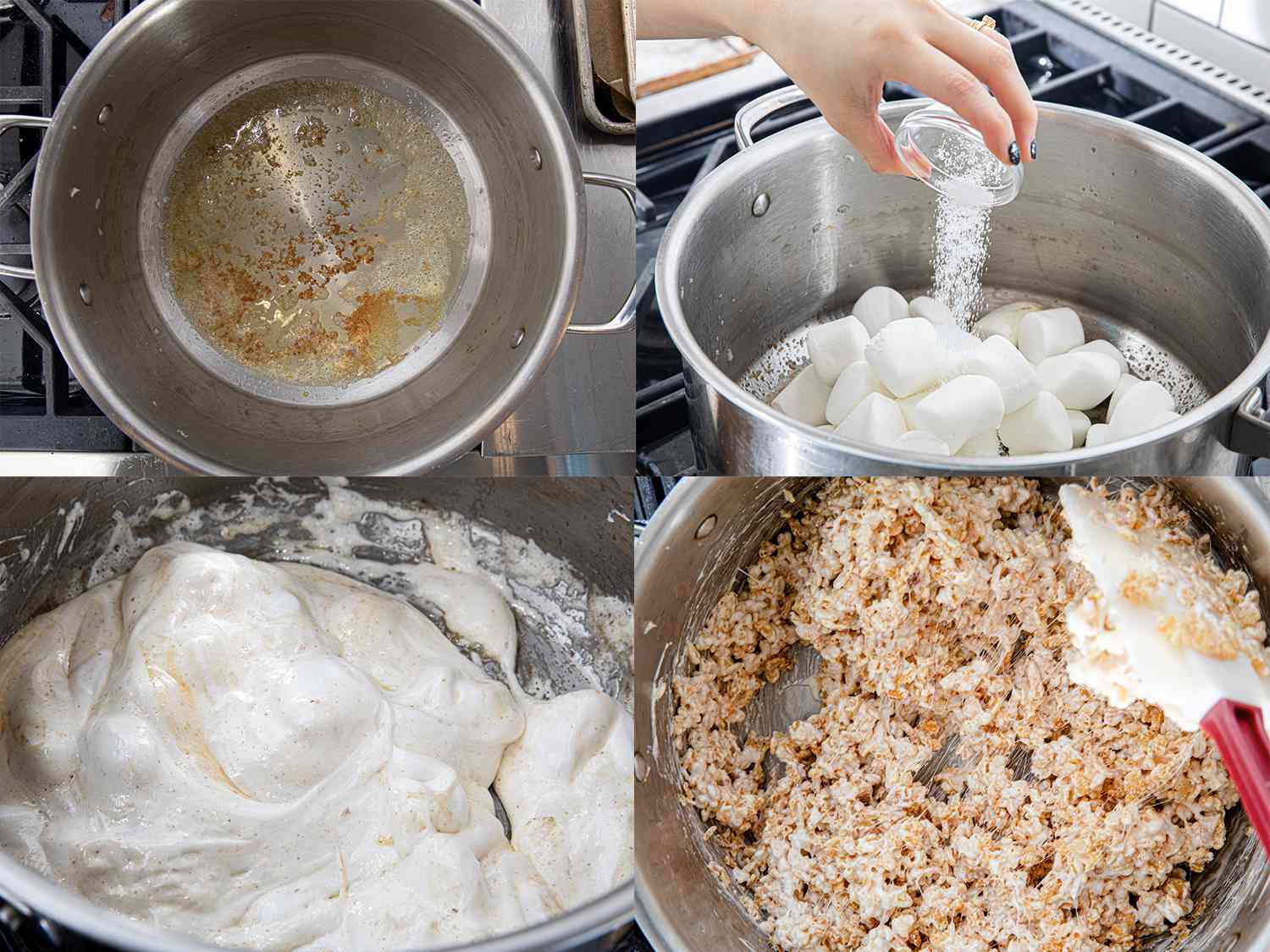 四个图像拼贴黄油布朗宁在一锅,盐被添加到棉花糖在锅里,融化的棉花糖,爆米花并入marshmellow mixtuer