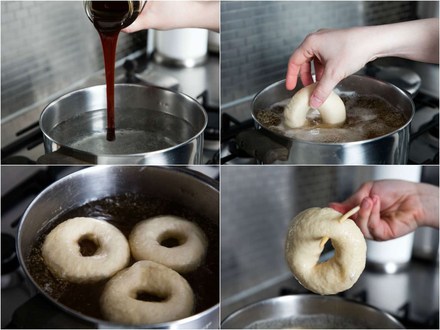 照片拼贴显示，在一锅油水中加入大麦麦芽糖浆，加入一个百吉饼，煮三个百吉饼，用筷子从水中取出一个百吉饼。