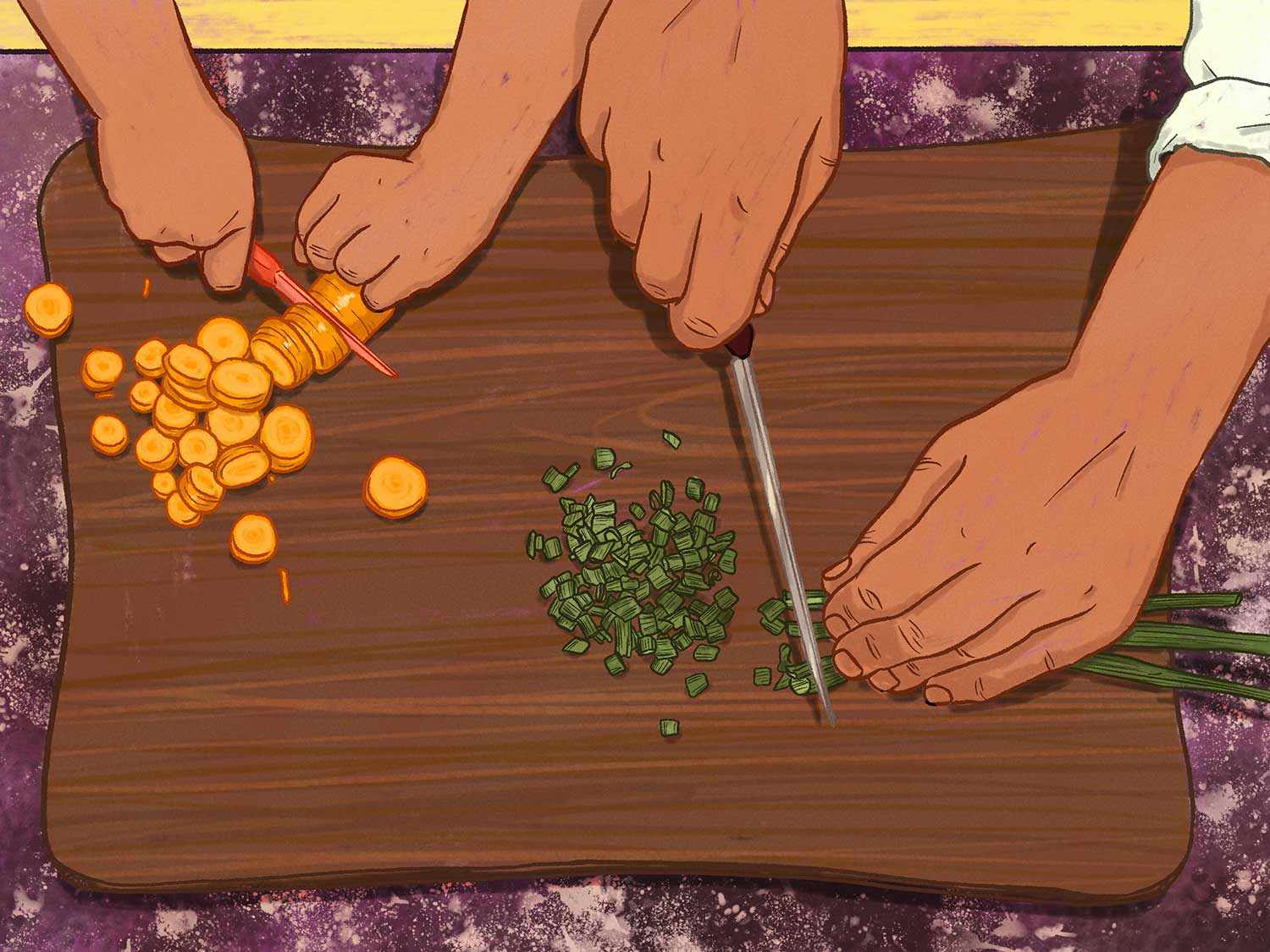 一个成年人的手和一个孩子的手并排在砧板上切菜的插图。