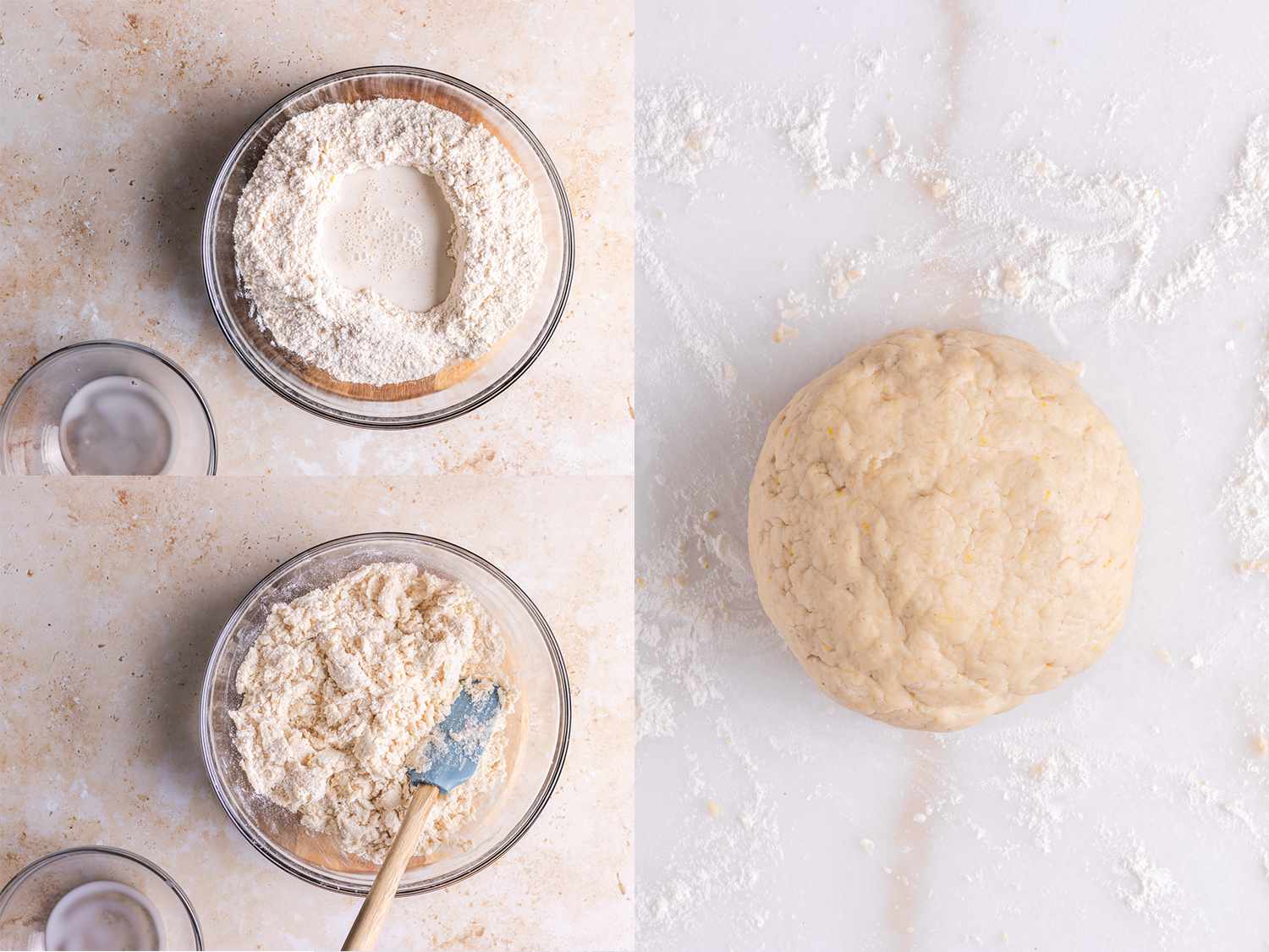 三个图像拼贴。左上方:面粉混合在一起，倒入适量的牛奶;下:混合牛奶。右边:在撒了面粉的表面上的圆形面团