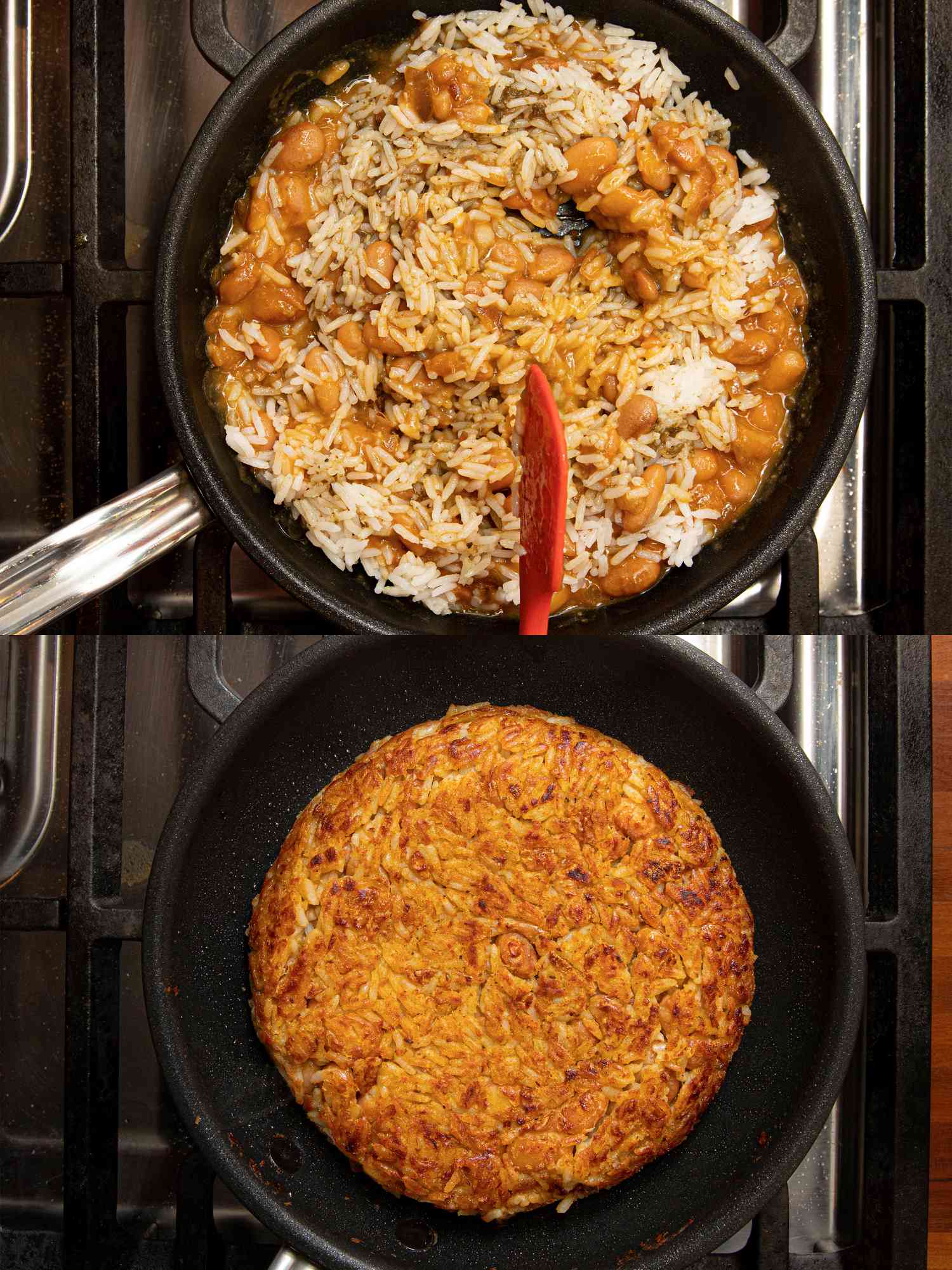 两个混合图像拼贴豆子和米饭在锅和完成tacu tacu煎饼锅
