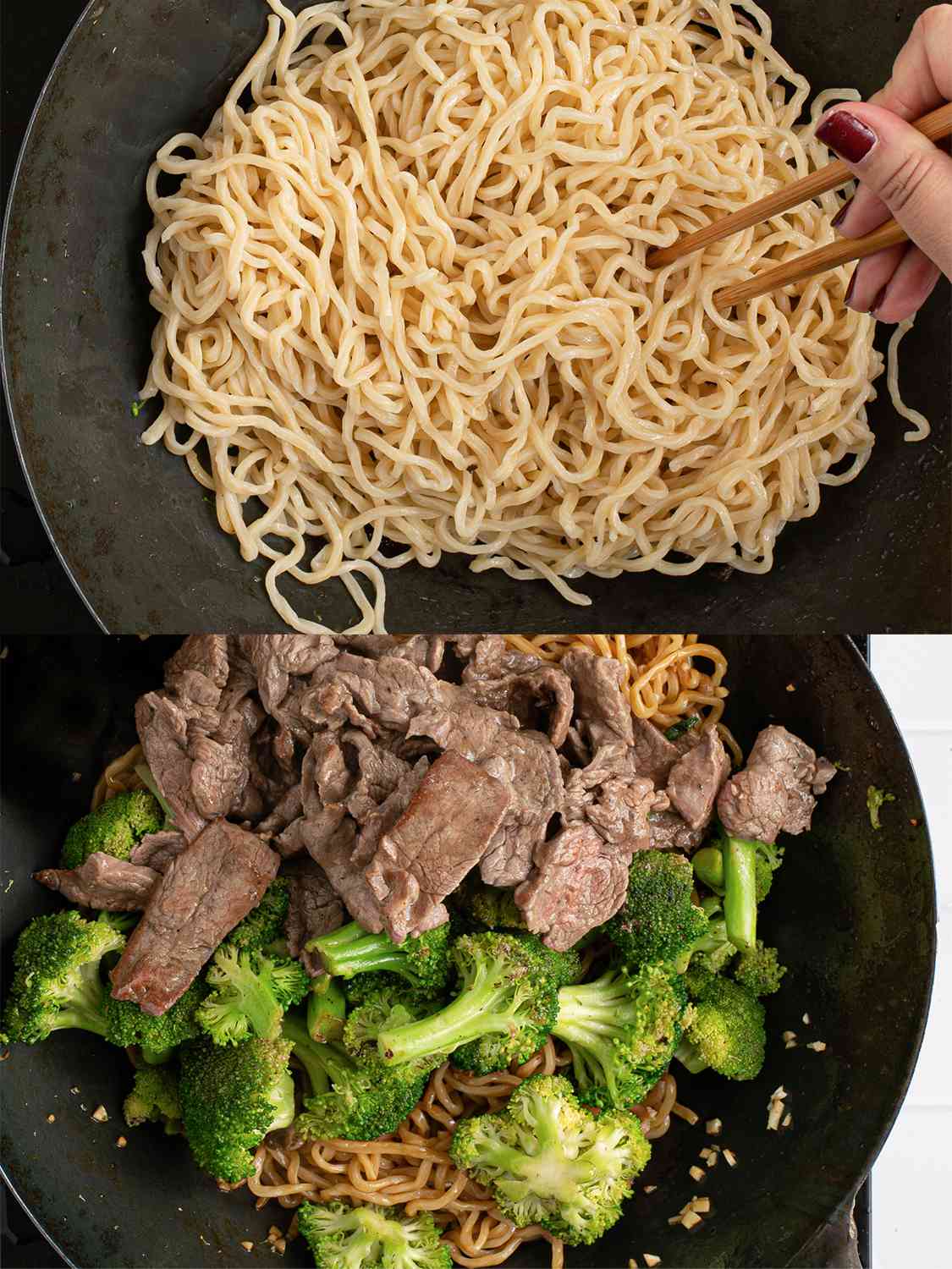 两幅图像的拼贴画。上图显示的是面条在锅里用筷子在高温下搅拌。下图显示的是锅里的蒜、西兰花和牛肉。