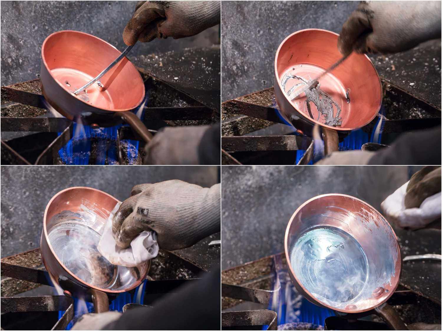 一系列照片显示锡被熔化并擦入铜锅