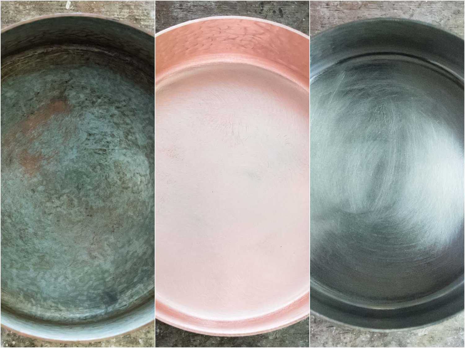 铜制炊具覆锡的并列镜头:旧的破损锡衬;剥光铜;新锡衬里