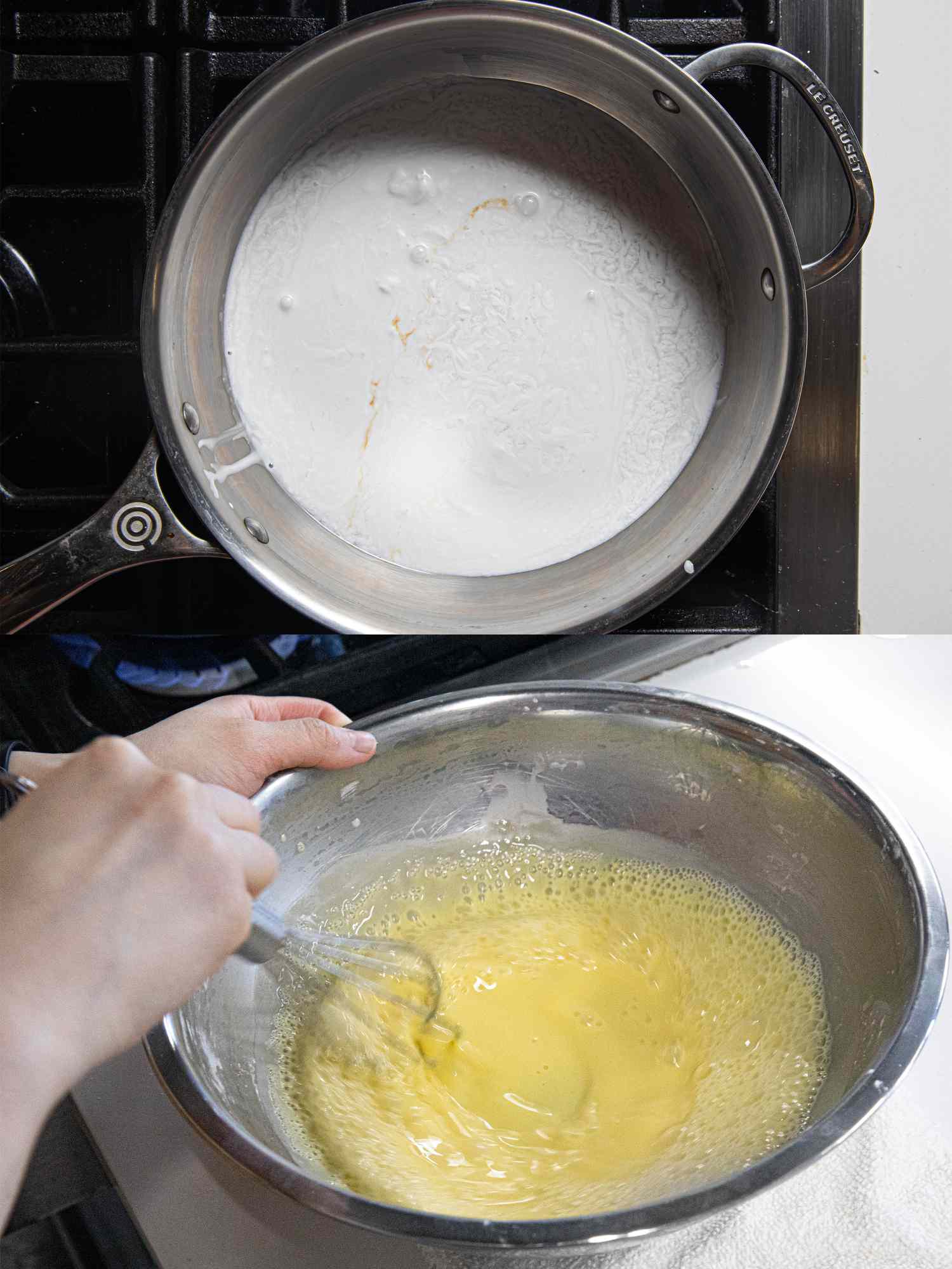 Overhead view of milk and vanilla in a pot and then whisking together with eggs