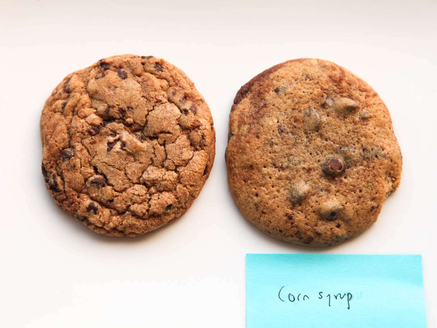 左图是用砂糖和红糖(左)和玉米糖浆(右)制成的巧克力饼干。gydF4y2Ba