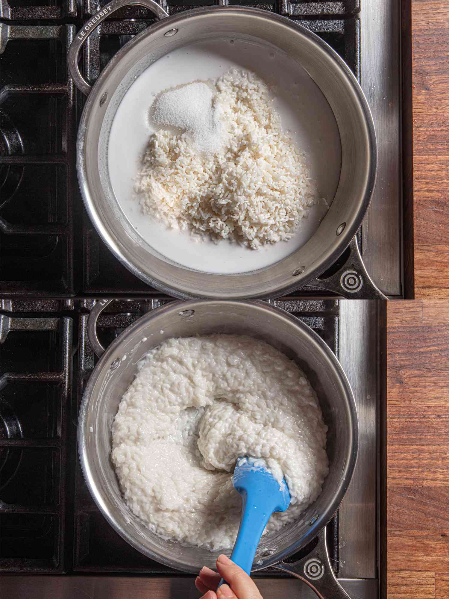 两个图像拼贴的顶视图的大米在炉子上椰奶和米饭完全煮粥等状态