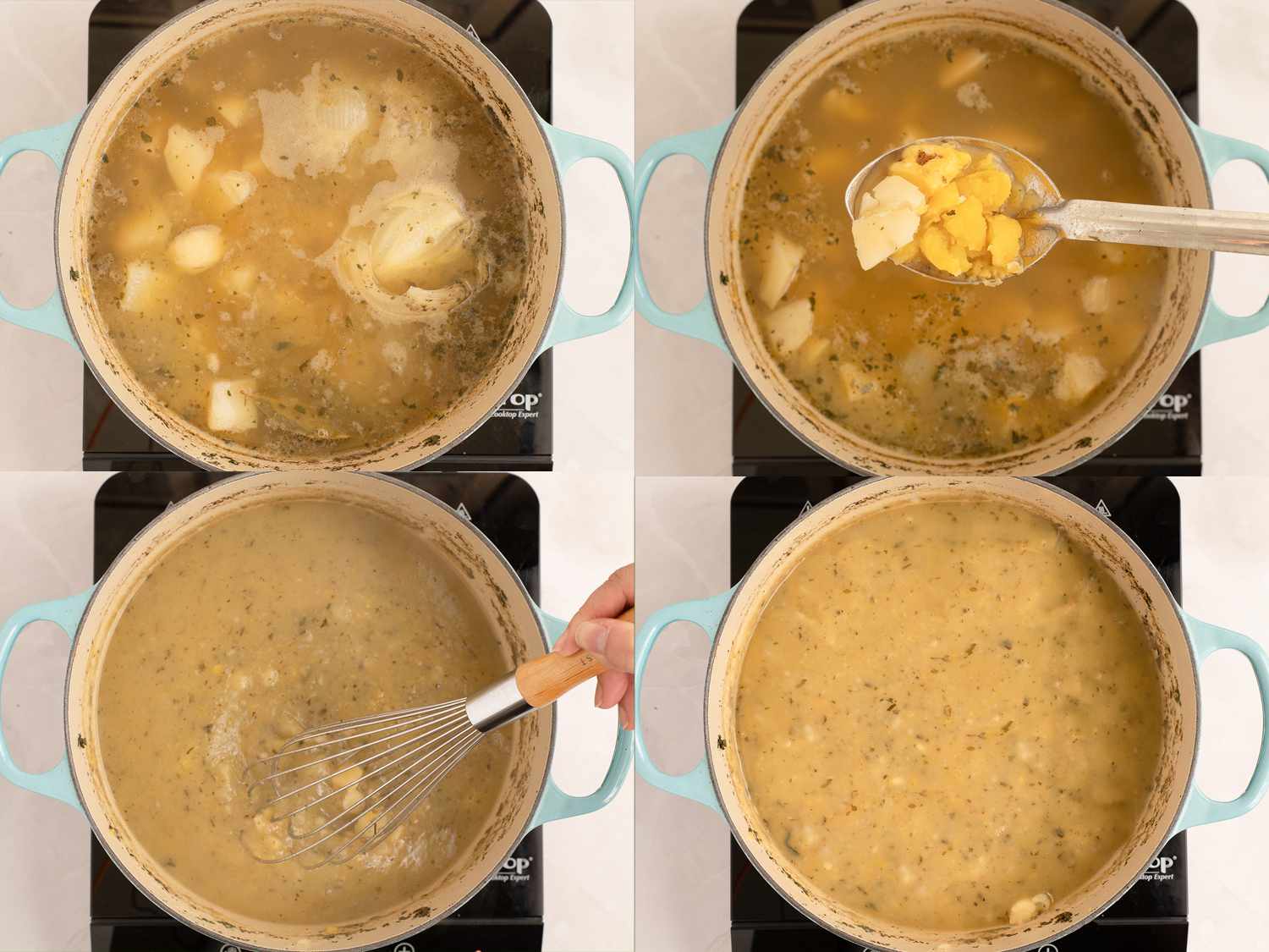 汤锅里有软嫩的土豆。把土豆搅拌到汤里的搅拌器。