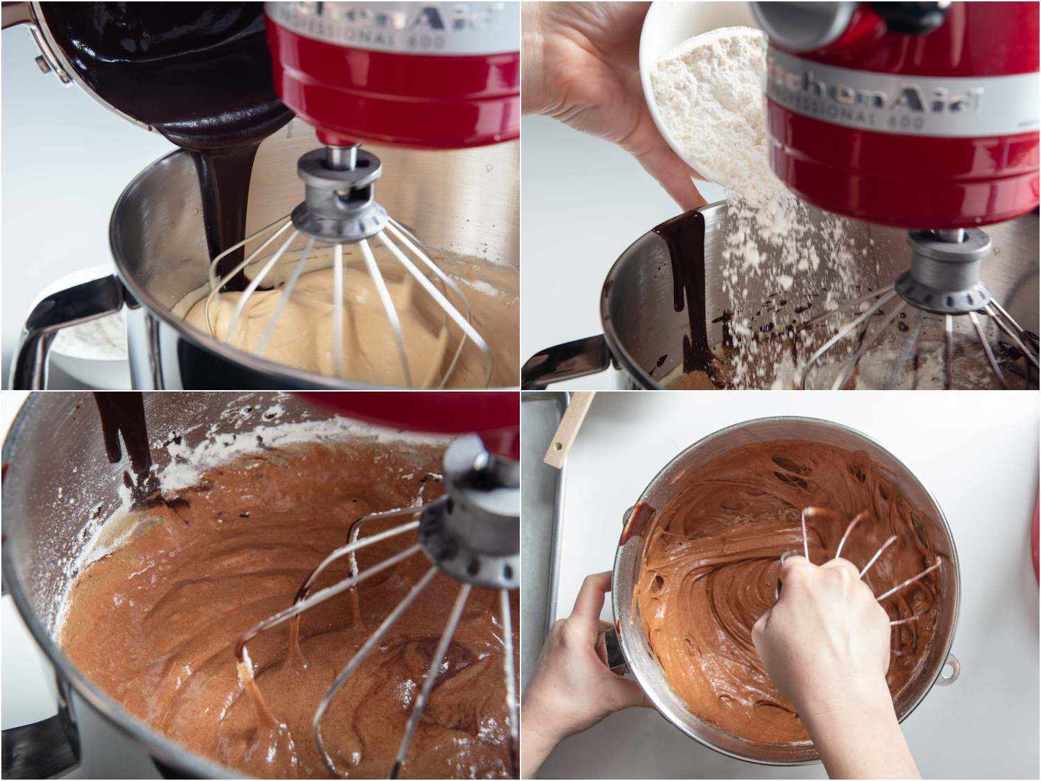 拼贴:将巧克力、水和面粉混合到巧克力海绵面糊中。gydF4y2Ba