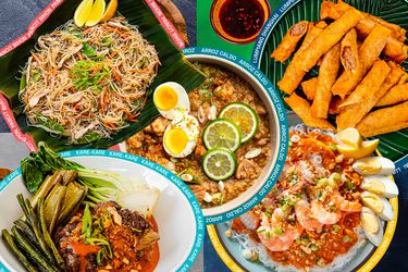 图片说明5个菲律宾菜，重叠和包围了一个彩色的环上的菜肴名称