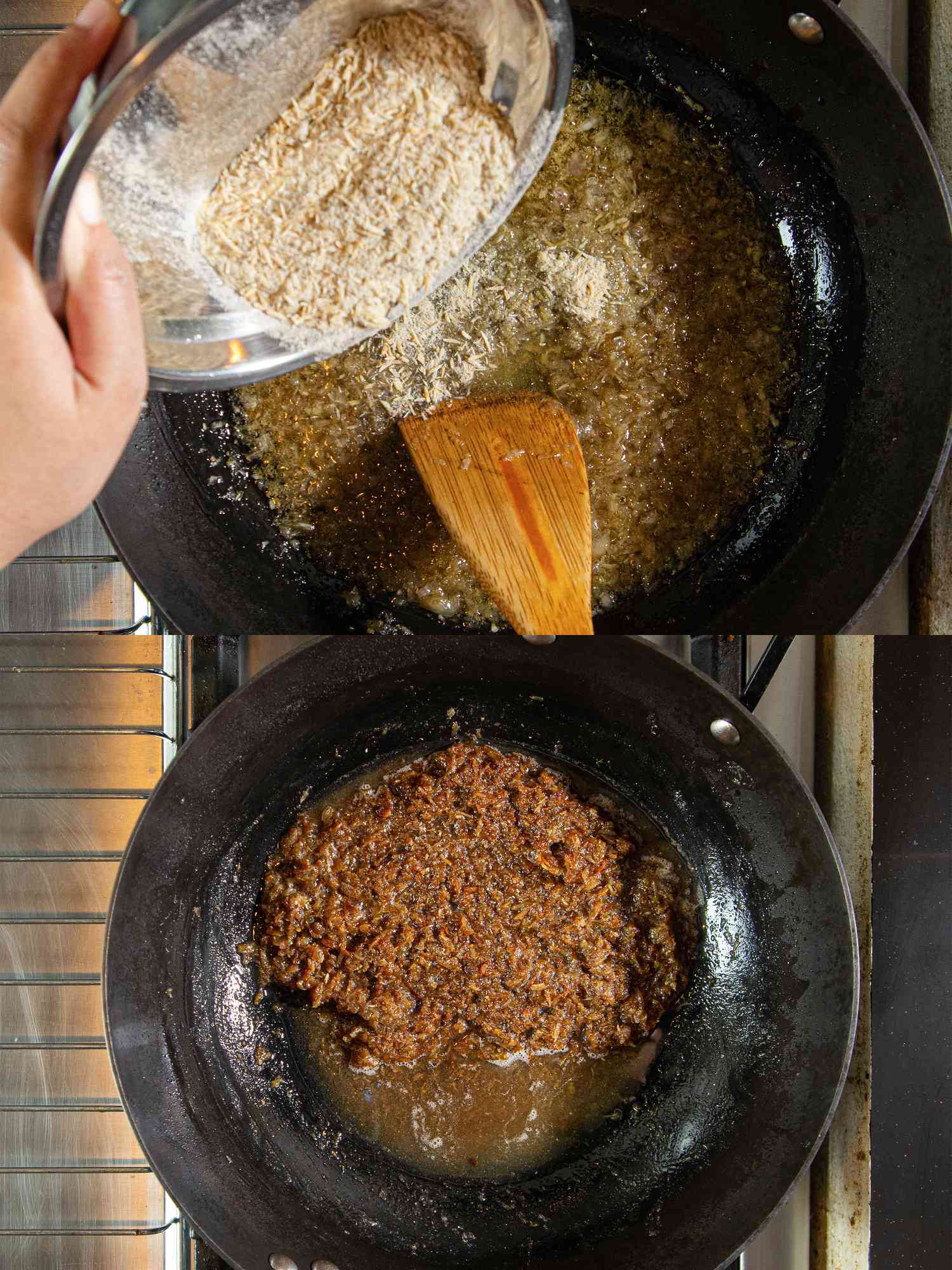 Two image collage of adding ikon billis to wok and then oil separating.