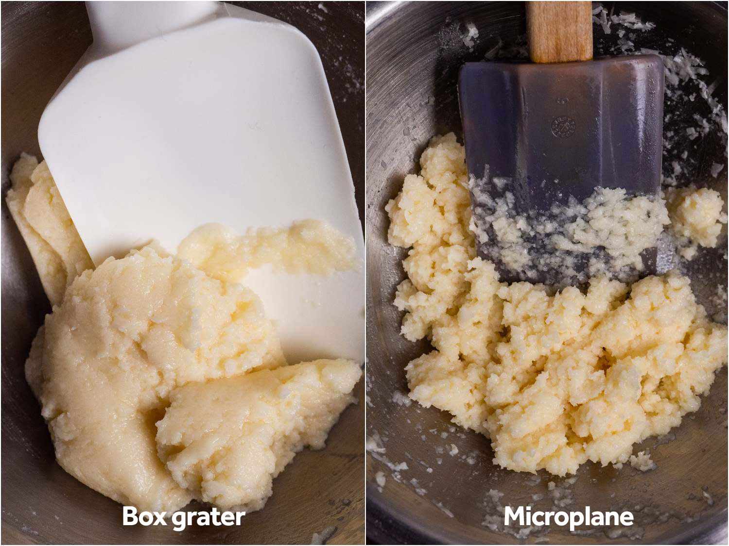 使用box-grated奶酪和奶酪糊磨泥干酪;box-grated样本顺畅得多
