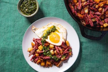 Plated Corned Beef Hash with chimicurri