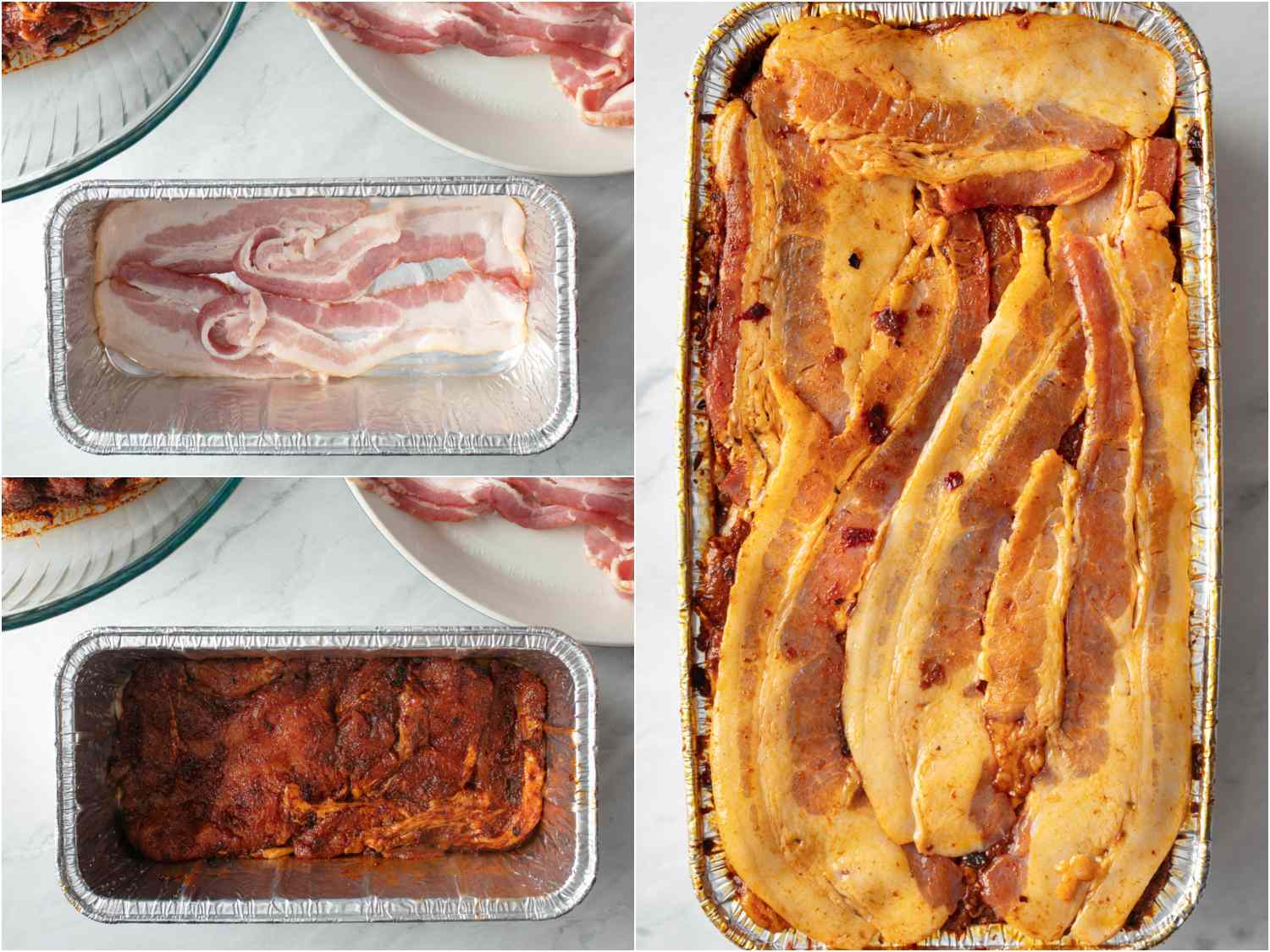 拼贴:把腌肉和腌猪肉分层放在一个铝烤盘里