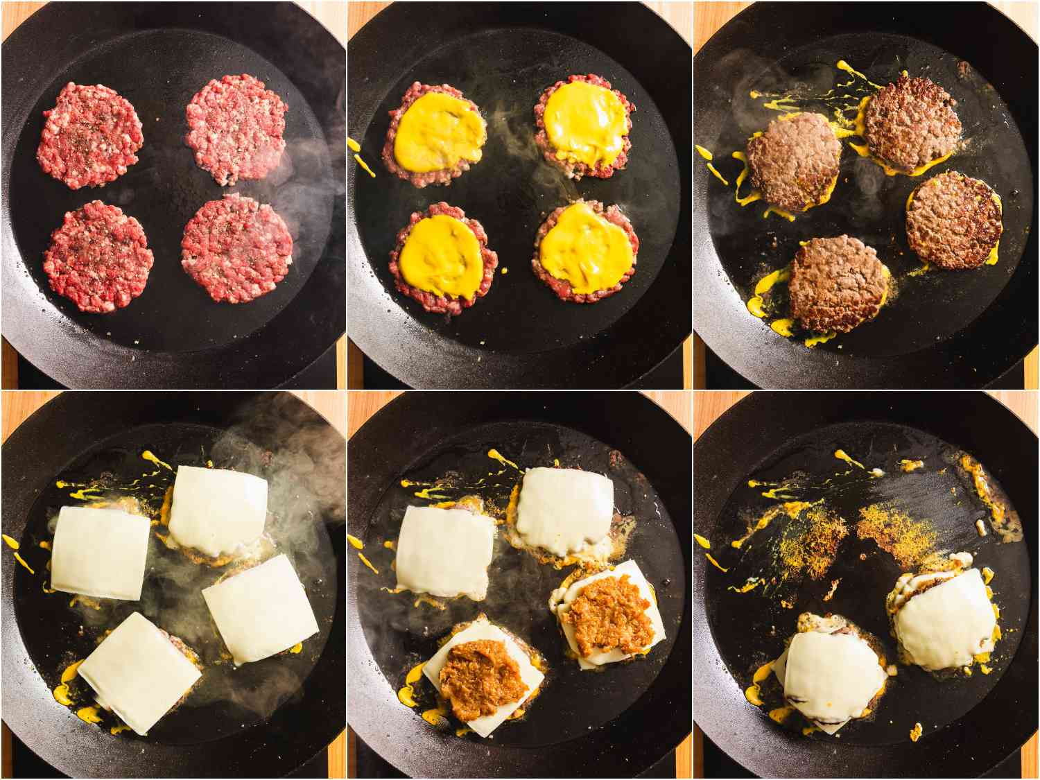 collage: cooking burgers; adding mustard; flipping; adding cheese; adding onions; stacking burgers