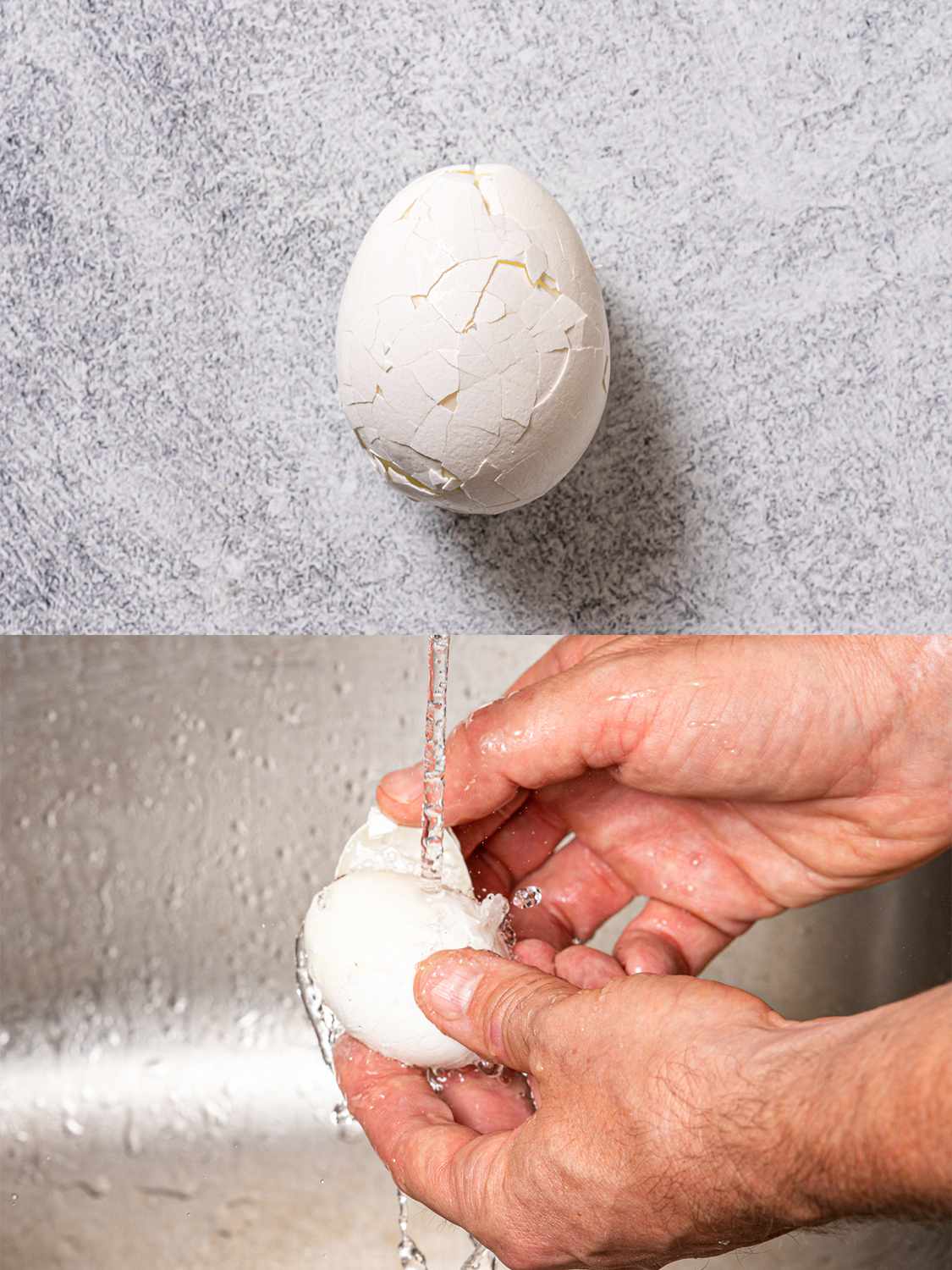 两幅图像的拼贴画。上面的图片显示了一个蒸鸡蛋，到处都有裂缝，放在石头背景上。下图显示的是两只手在一股细水流下剥鸡蛋。