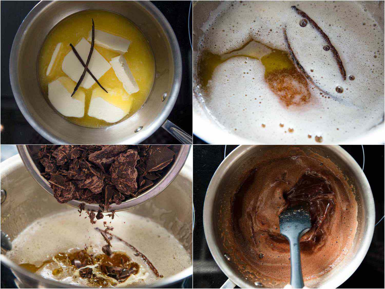 这是一幅四张图片的拼贴画，展示了平底锅里的黄油和香草豆。第二幅图显示了融化的黄油和香草豆。第三张照片是将切碎的巧克力加入融化的黄油中。第四幅图显示巧克力被搅拌到融化的黄油中。gydF4y2Ba