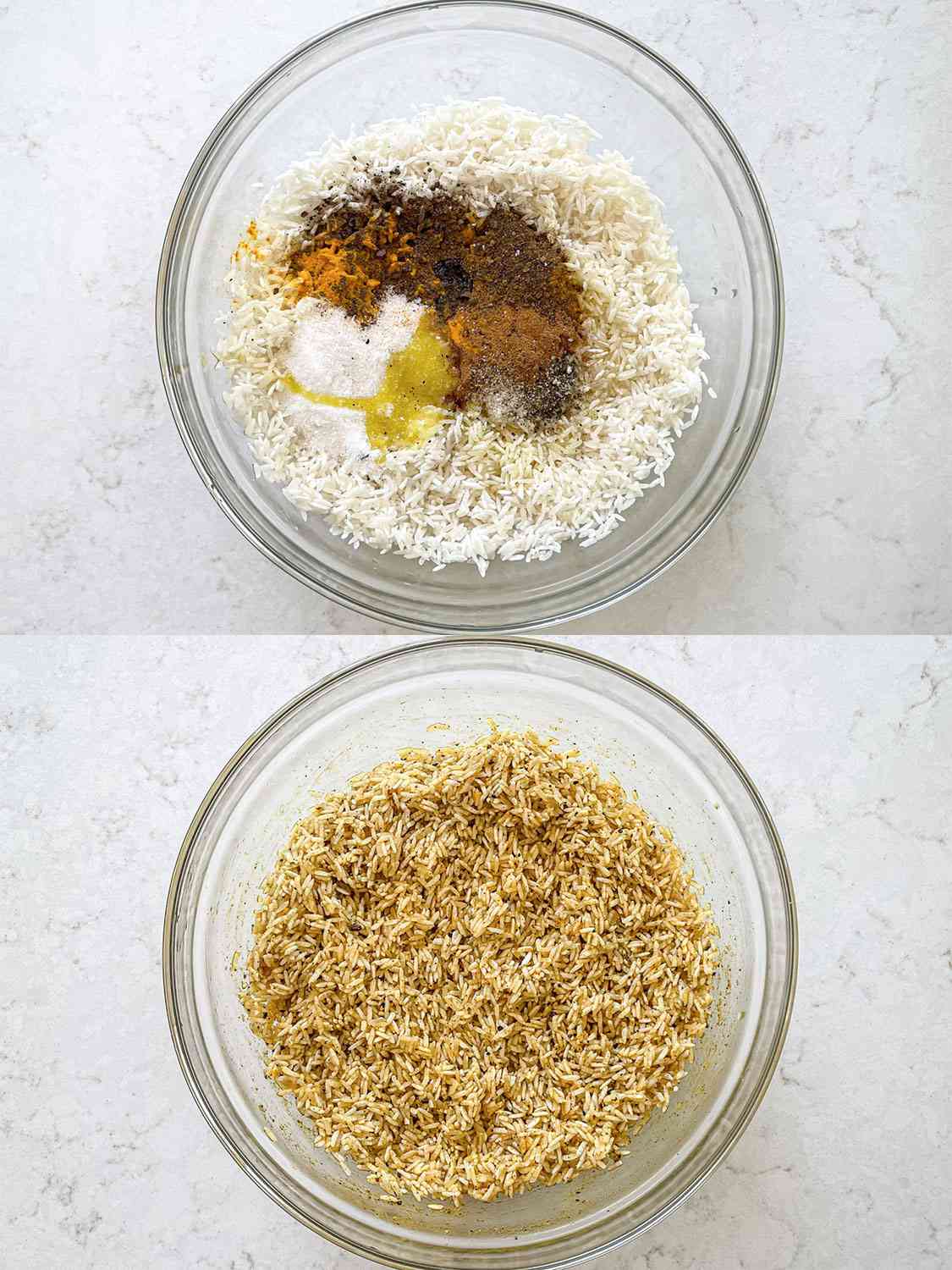 两幅图片拼贴:盛在碗里的米饭，上面放着香料;拌有香料的米饭