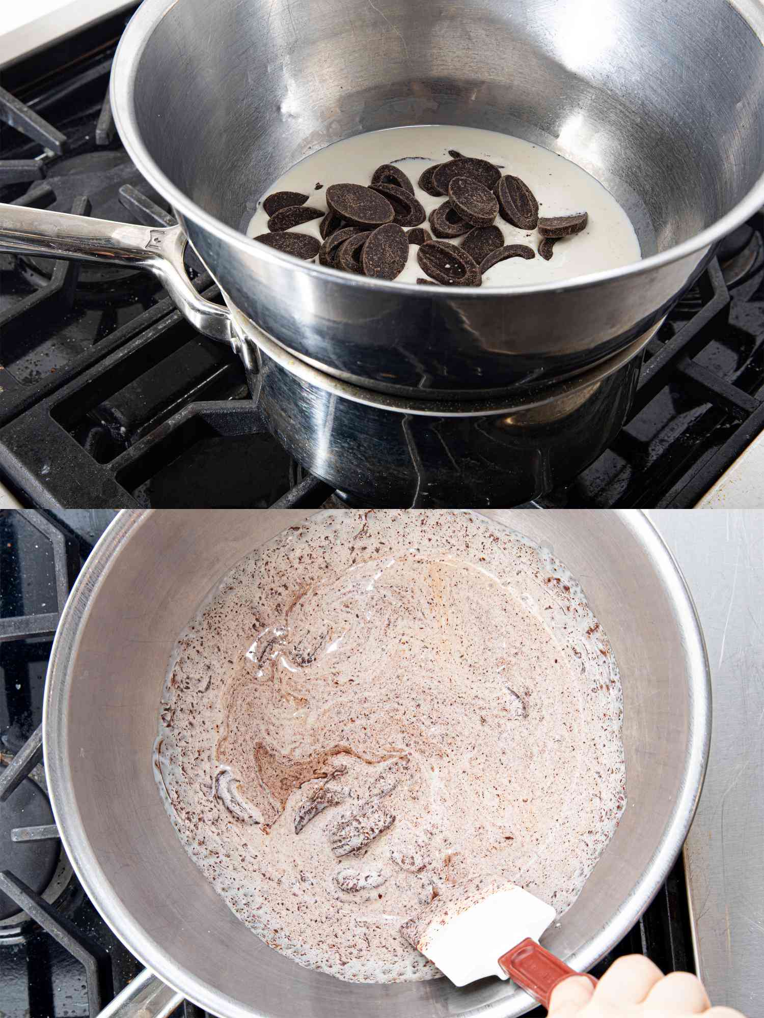 Two image collage of chocolate and cream in a bowl over a saucepan and a plastic spatula mixing melting chocolate