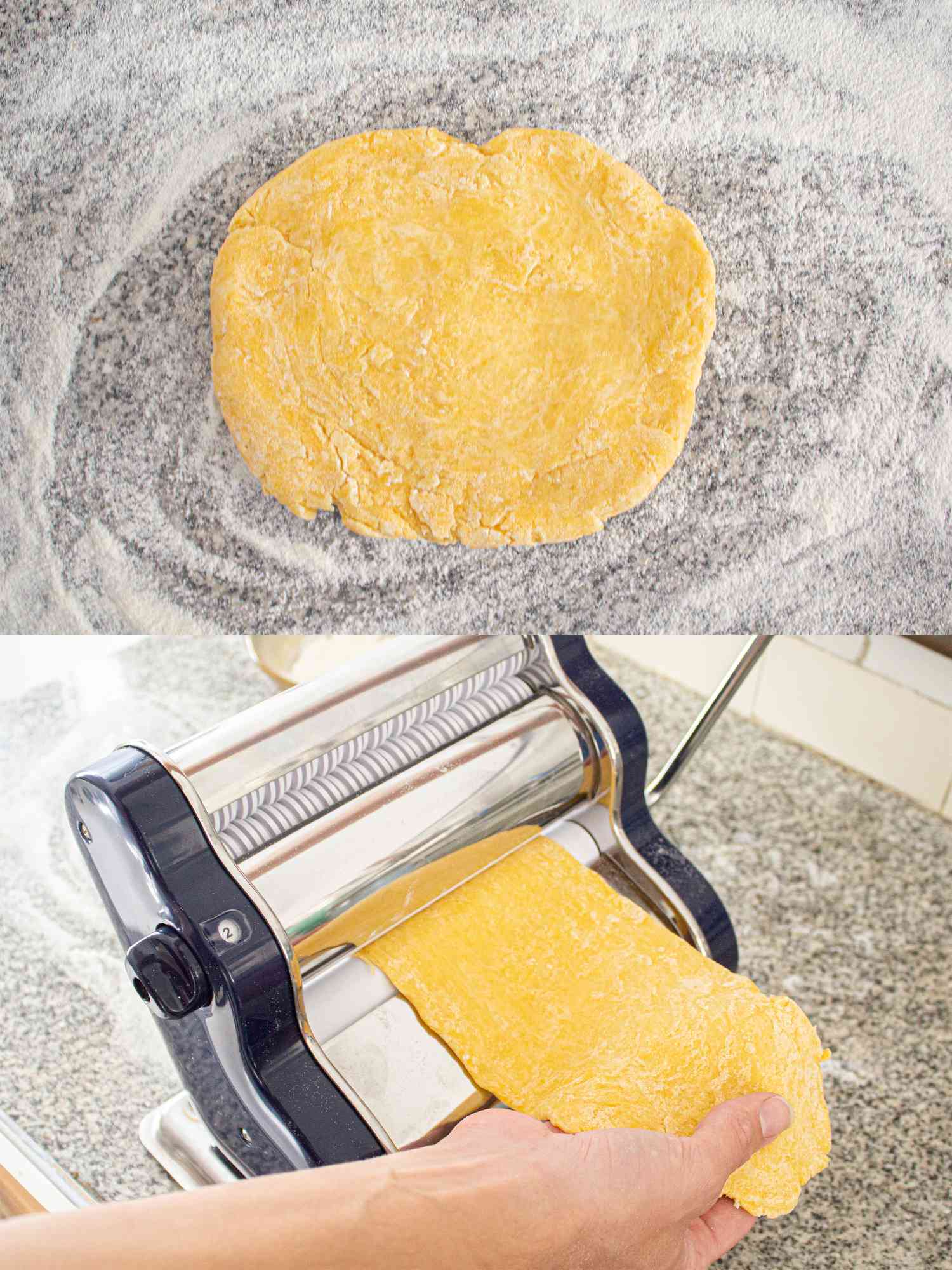 Two image collage of dough before and after going through a pasta roller