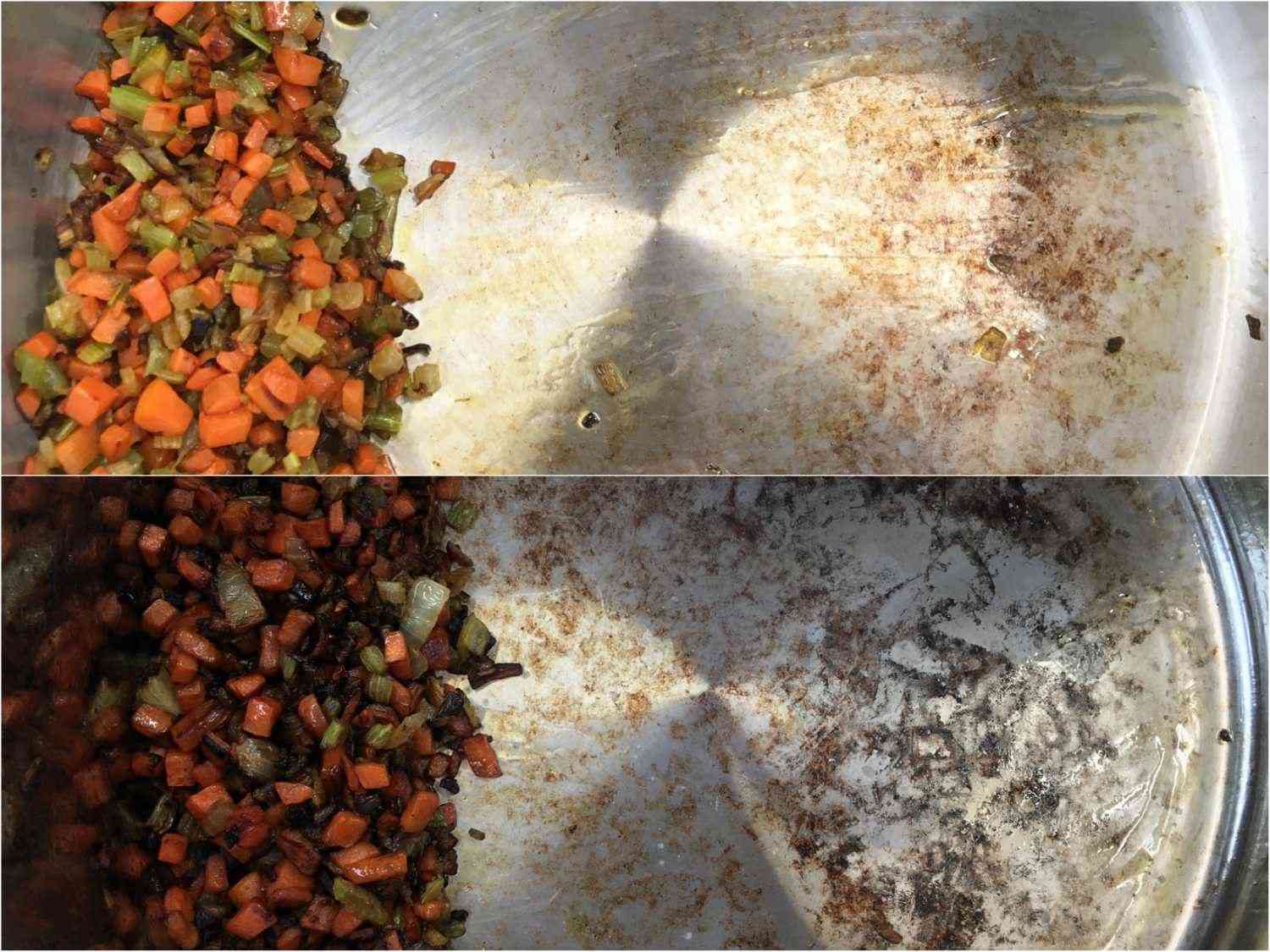 Mirepoix在两个不同的汤锅中变成棕色