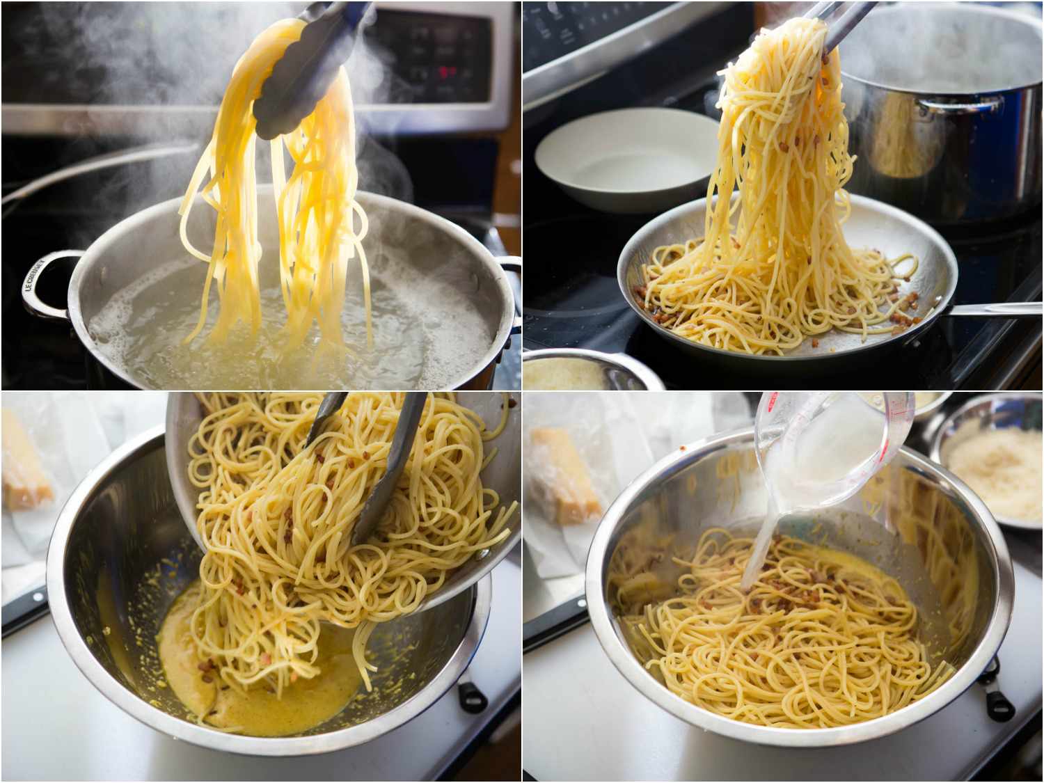 照片拼贴画的步骤只是意大利面条,煮面,增加它与guanciale锅,转移到碗egg-cheese混合物和意大利面水。gydF4y2Ba
