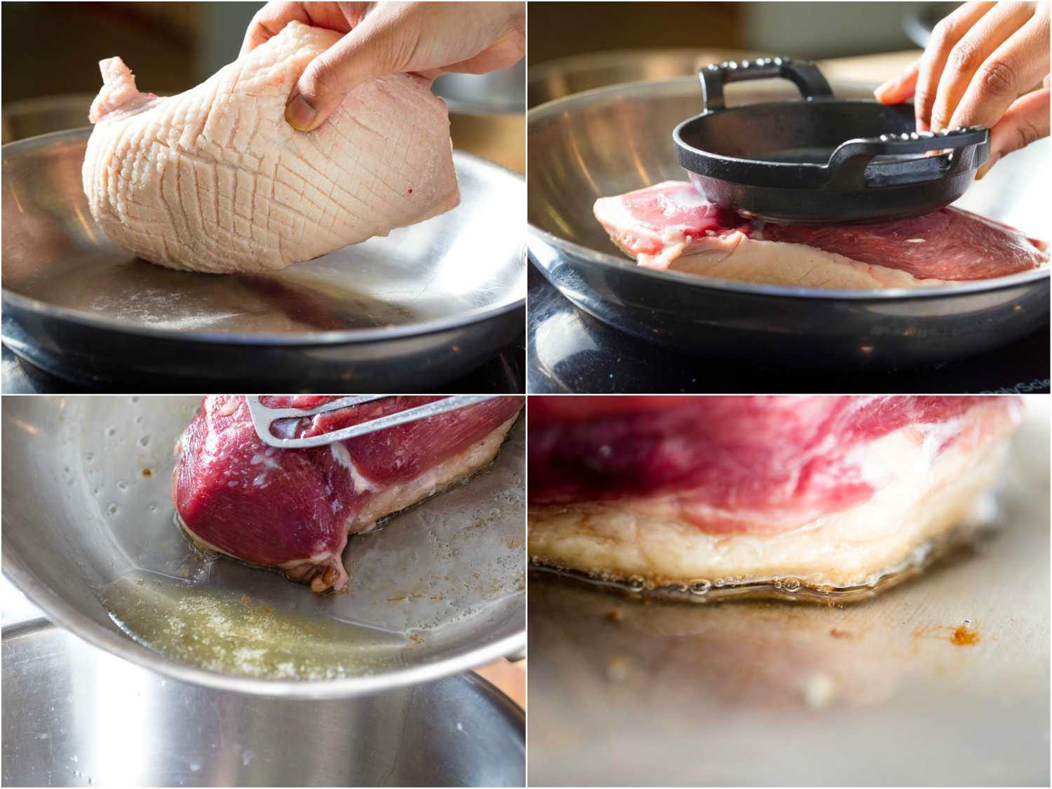 烤鸭胸的照片拼贴，在冷锅中开始，用重量，用夹子翻转和烹饪相反的一面。gydF4y2Ba