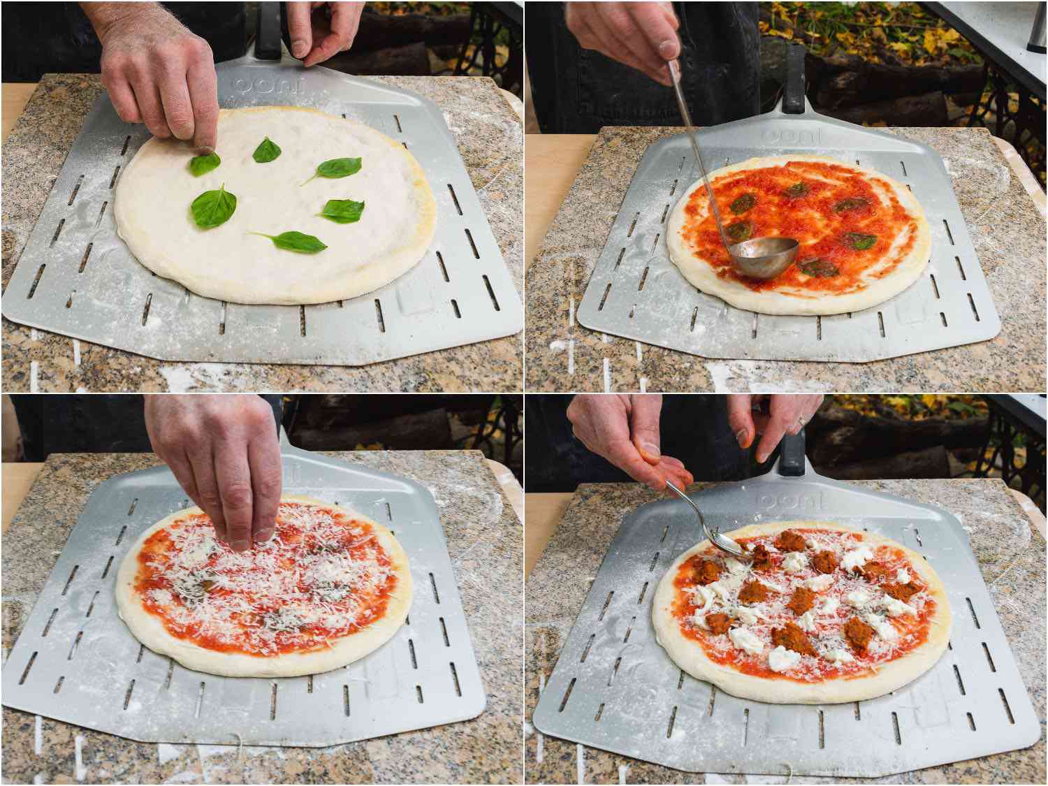 用罗勒、番茄酱、帕尔马干酪、马苏里拉奶酪和nduja装饰披萨的拼贴画