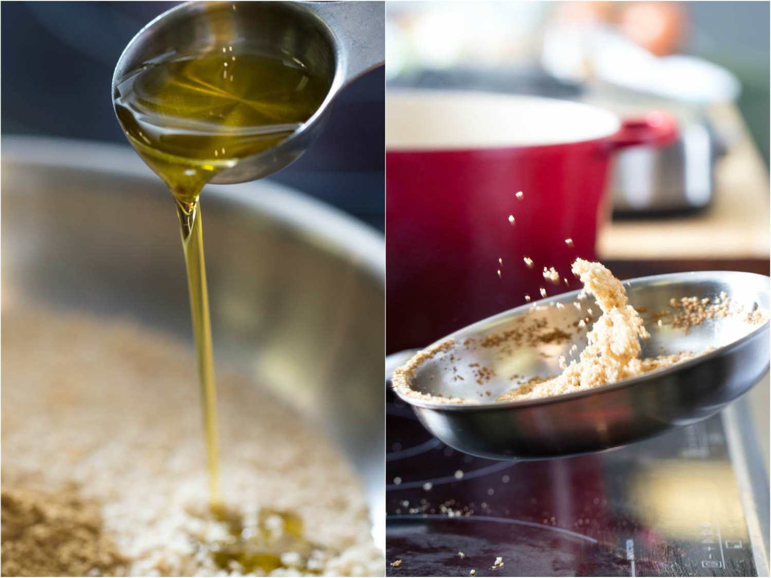 两张照片的并排拼贴,细雨olive oil over breadcrumbs and then tossing toasted breadcrumbs in a skillet.