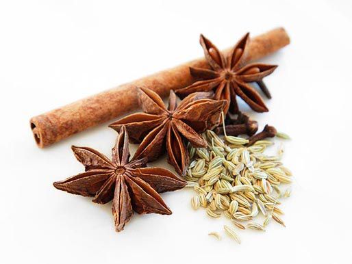 Spices for pho: cinnamon, star anise, clove, and fennel seeds.