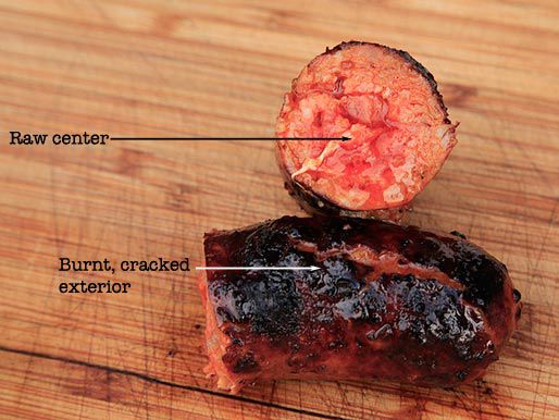 一根被切成两半的香肠，上面的标签指出了生的中间和烧焦的、开裂的外部