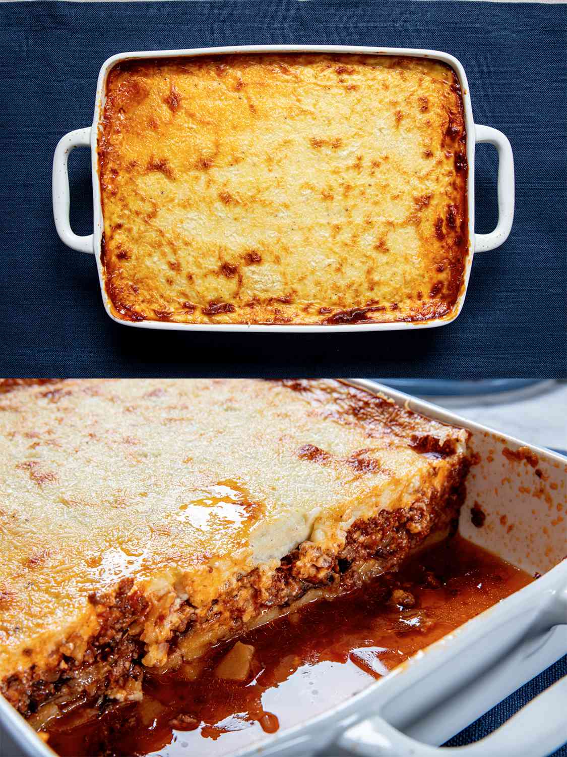 两幅图像拼贴。顶部:蓝色背景的烤穆萨卡。下图:切好的穆萨卡的横截面视图，显示了锅中的层次