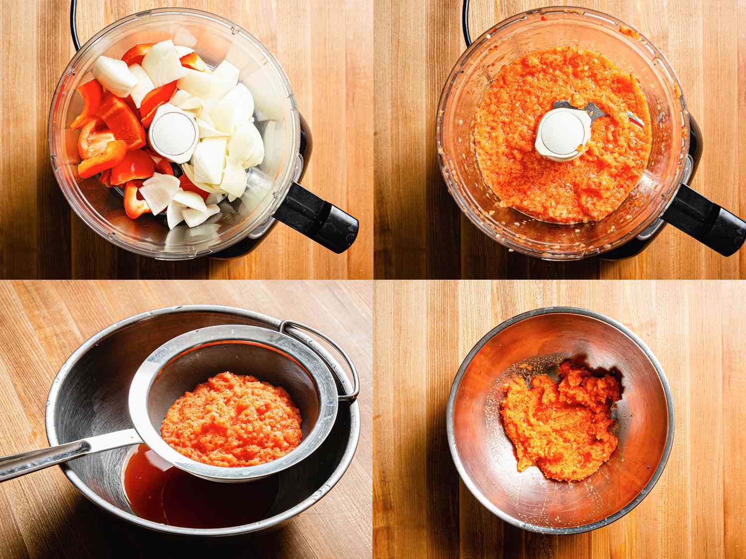 四个图像拼贴的辣椒和洋葱之前和之后在食品加工机,紧张混合物,混合液体金属碗里删除