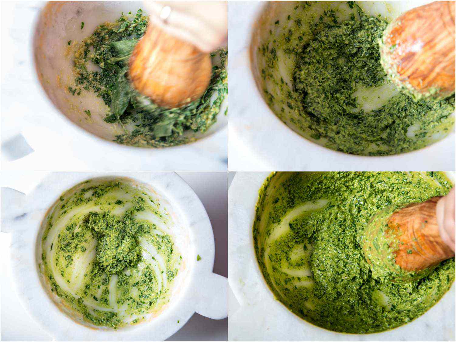 Photo collage showing pounding basil leaves into garlic and pine nuts to make pesto sauce in a marble mortar with wooden pestle.