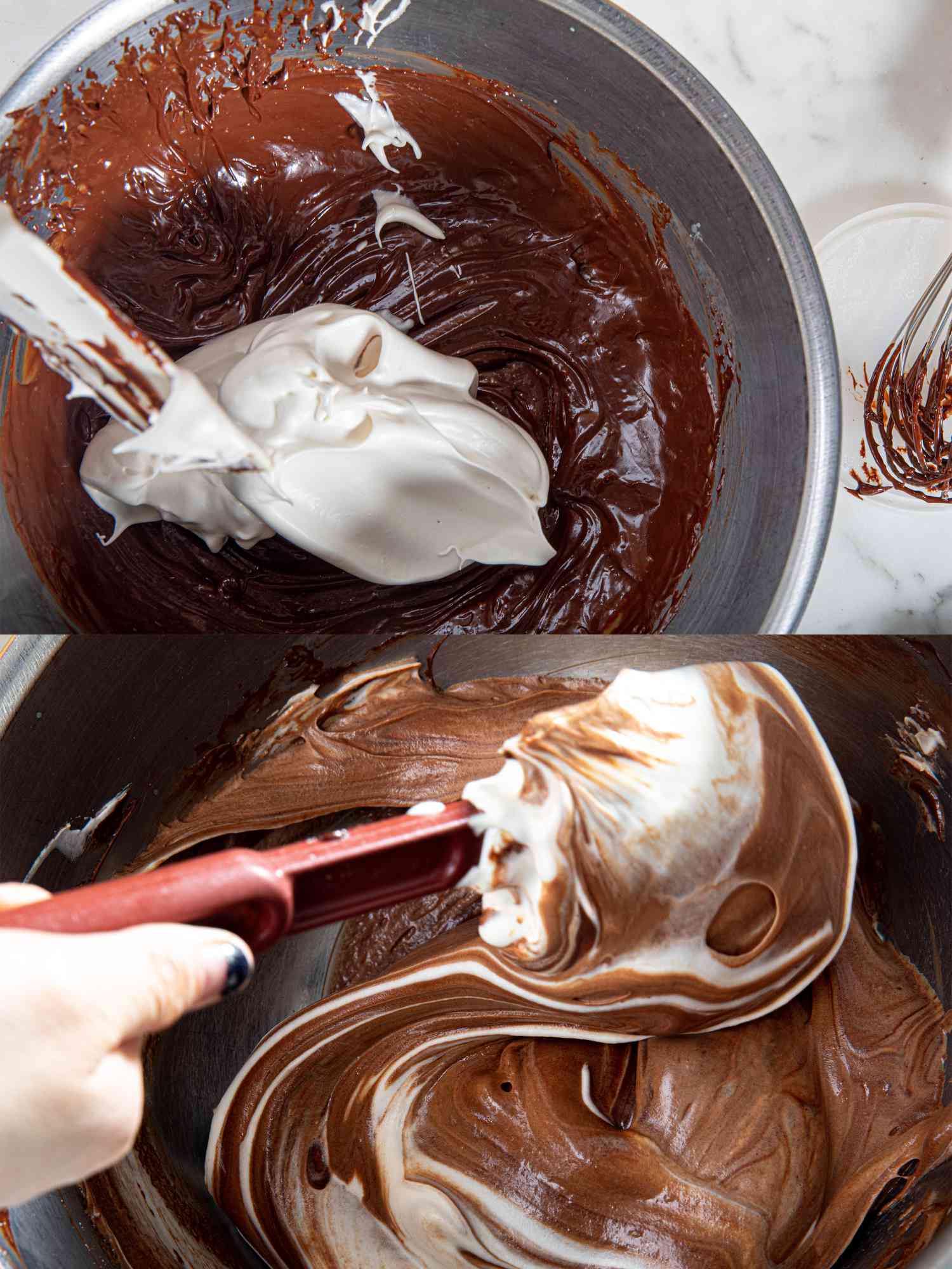 Two image collage of folding meringue into chocolate