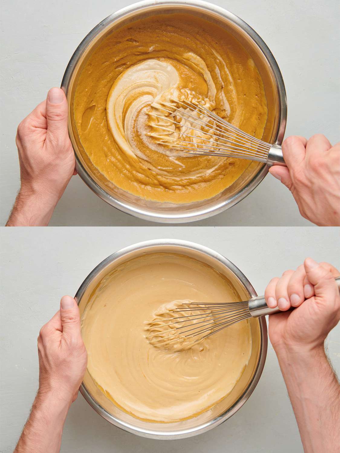 两幅图像的拼贴画。上图显示，芝麻酱被搅拌到一个大碗里仍然热的鹰嘴豆混合物中。下图显示的是金属碗里已经成型的鹰嘴豆泥。