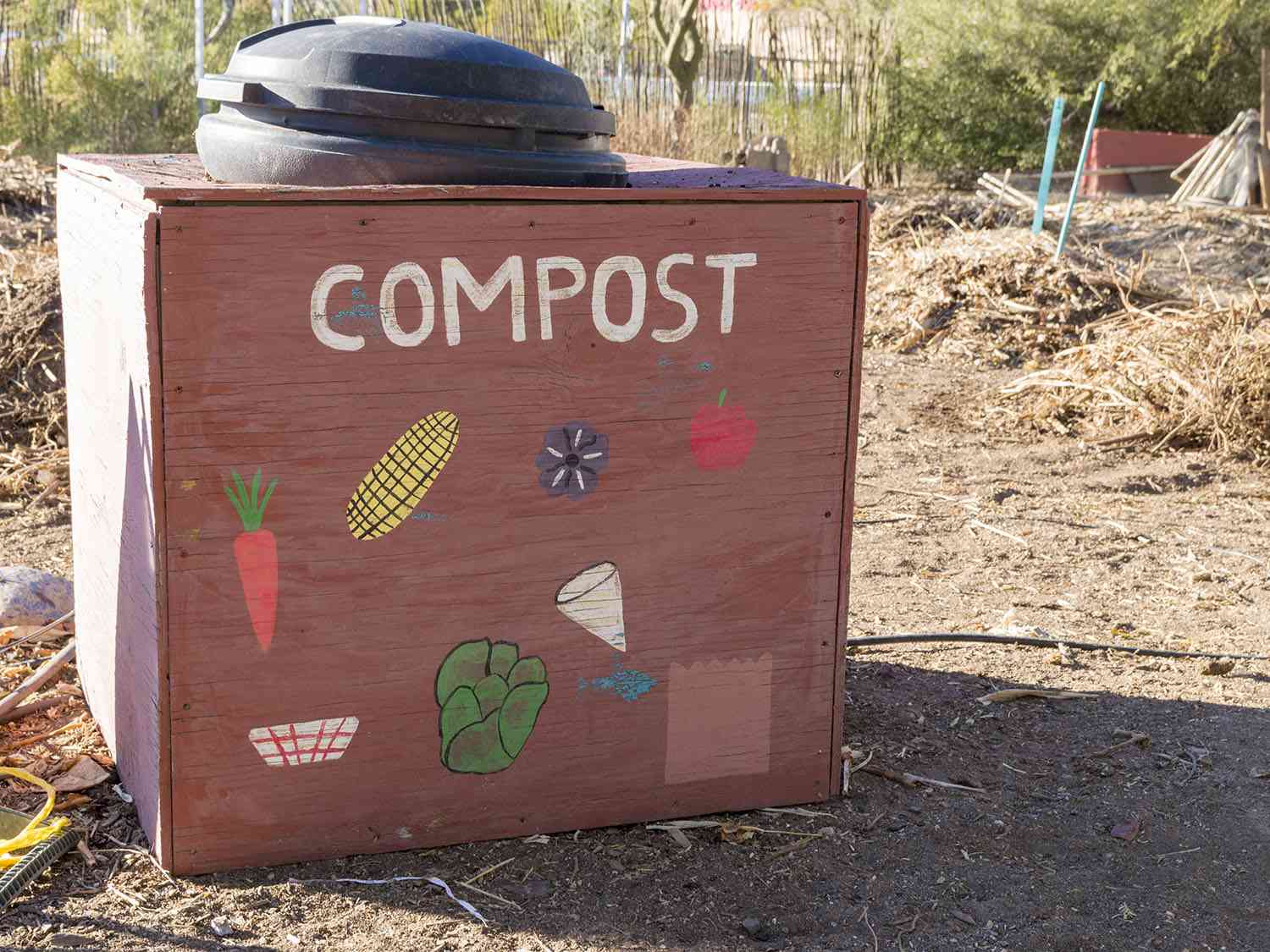 这是一个堆肥容器中发现一个城市花园。桶周围是一个木制的盒子装饰着蔬菜的照片。