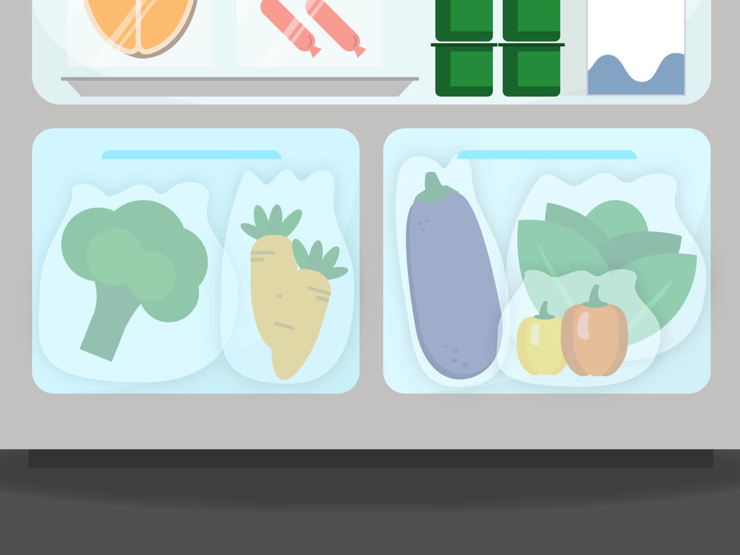 冰箱里放着各种蔬菜的保鲜抽屉